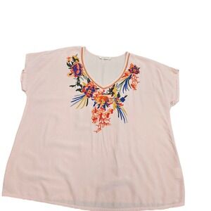 Solitaire Embroidered Floral Pink Tunic Top Bohemian Blouse Medium‎ M